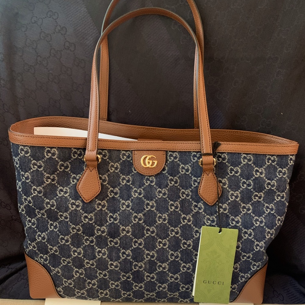 Gucci New GG Denim Monogram Ophidia MEDIUM Shopping Tote Blue Tea Cuir